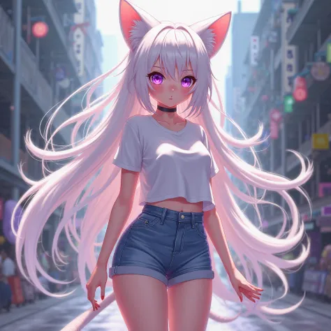 A anime-style catgirl with long flowing white-milk hair and violet eyes and wearing a short-shorts with a tight, short T-shirt.*