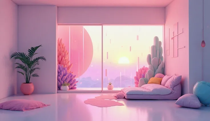 Digital illustration in a retro-futuristic and psychedelic style portraying a minimalist interior with abstract art, gentle pastel gradients, and a calm, introspective ambiance. The scene exudes a relaxed vibe, ideal for a Lo-Fi music channel playlist. Cin...