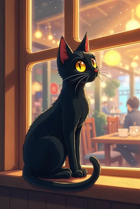 Anime-Style, Black cat yellow eyes, Looking at the window, Inside restaurant