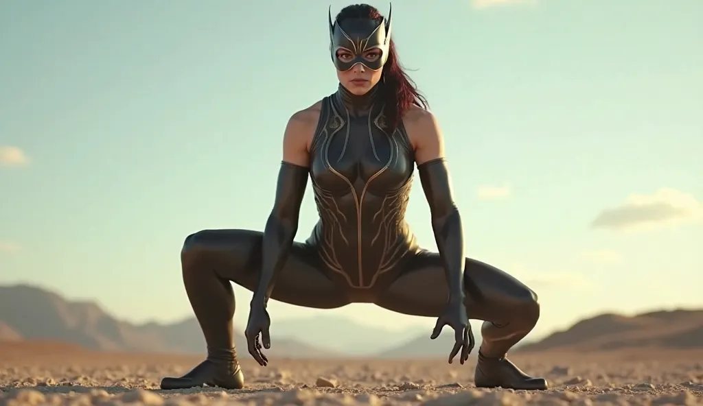 female masked superhero Landing, partial squat, gigantic breasts, outdoor