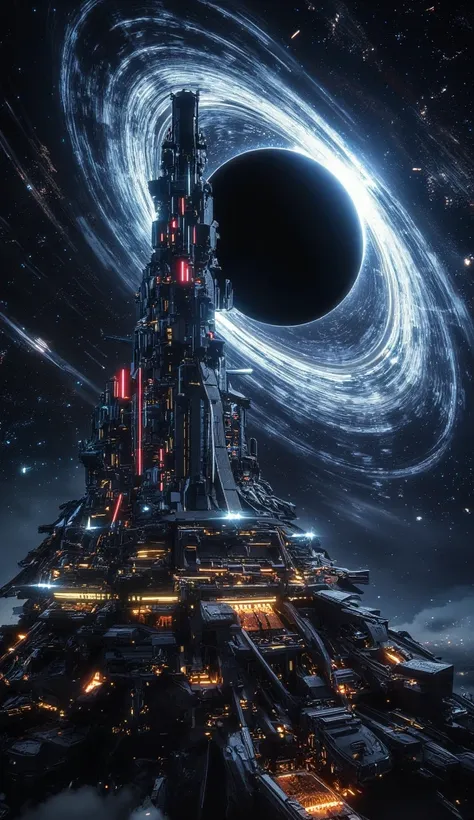 "A futuristic city glowing with neon lights, towering skyscrapers, and advanced technology, floating in the vastness of space. Countless stars twinkle around, creating a breathtaking cosmic view. In the distance, a massive black hole swirls with an intense...