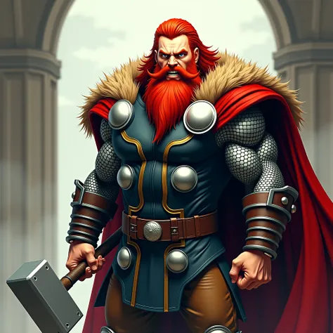 (best quality,4k,8k,highres,masterpiece:1.2),ultra-detailed, 1man, Norse god Thor, red hair, red beard, wearing furs, brown trousers, brown heavy fur cape, chain mail shirt, raging eyes, victorious pose, wielding a hammer, drawn in the style of Yoshitaka A...