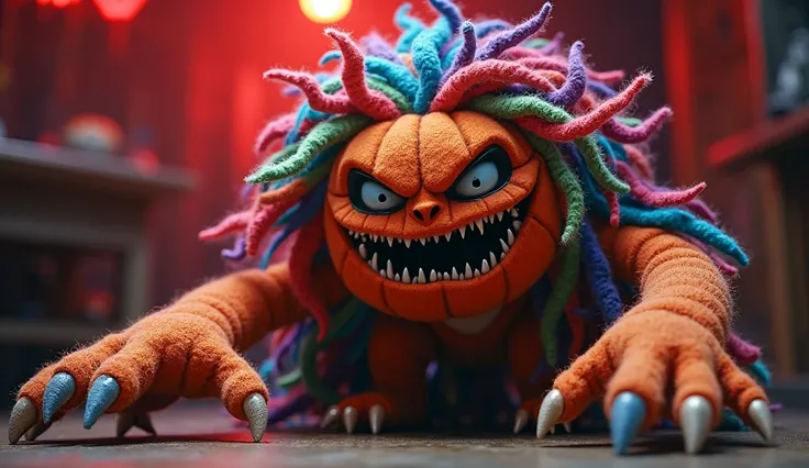 "A terrifying yet colorful plush monster with a round, pumpkin-like head, large black glossy eyes, and sharp jagged teeth. Its hair is made of multicolored, twisted fabric strands in shades of red, blue, green, and purple, giving it a wild and eerie appear...