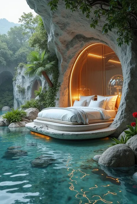 A simple yet luxurious 3D design of a sweet room in a resort, shaped like a fish, with a well-planned landscape exclusively on the ground floor.