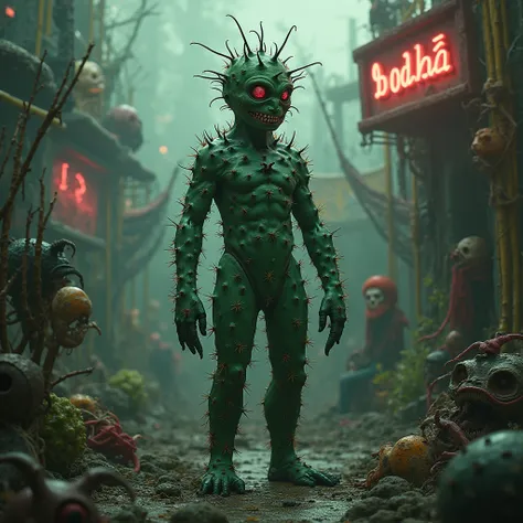 A cactus man in humanoid dark carnival mode where is spelled “Bogda”