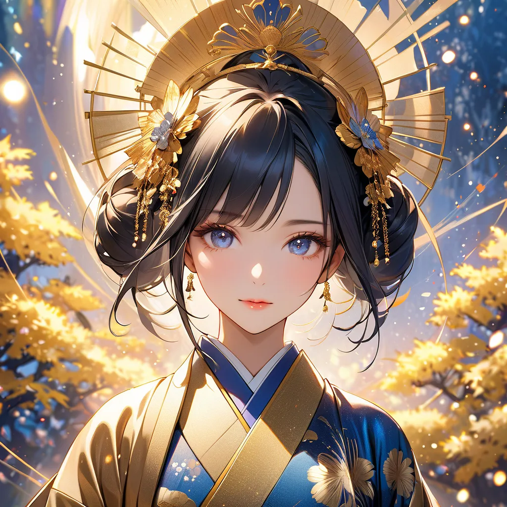 Beautiful woman in a Japanese clothing,Beautiful Japanese-style background, gorgeous, looks,glitter effect to mask, Dadaism, black and blue and gold、
