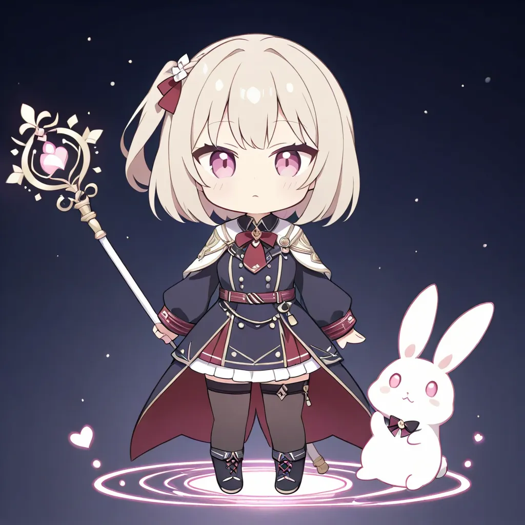 Chibi-Chara: 1.2, Light beige short bob, one side up partially braided hairstyle, one beautiful girl, thin face, narrow eyes, pink eyes, Chibi-Chara, very sullen expression, dressed like a white rabbit: 1.2, This Japanese anime style Chibi-Chara is a mage ...