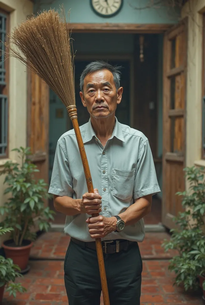 Broomstick husband, standing in the middle of the house with a determined face, button brake shirt, anti-prong hand, Vietnamese man