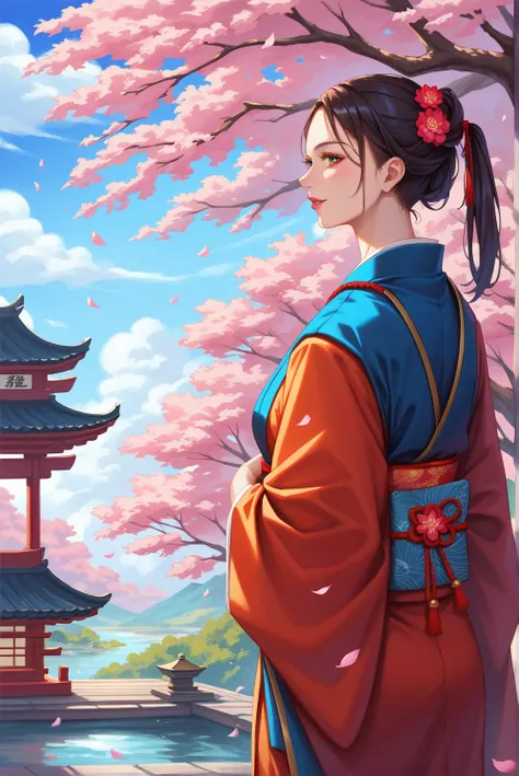 Oil painting style, fashionable female zombie, ninja, emerald gold, kimono color yellow and lotus flower design, painting, red cherry blossom tree, cool, historical, brave, magnificent, wonderful, art that gives a sense of Japanese history (masterpiece, hi...