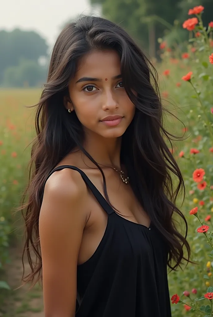 Beautiful indian school girl with  long hair,  in black dress, morning glory, normal face , 20years  old, realistic photo, in village 