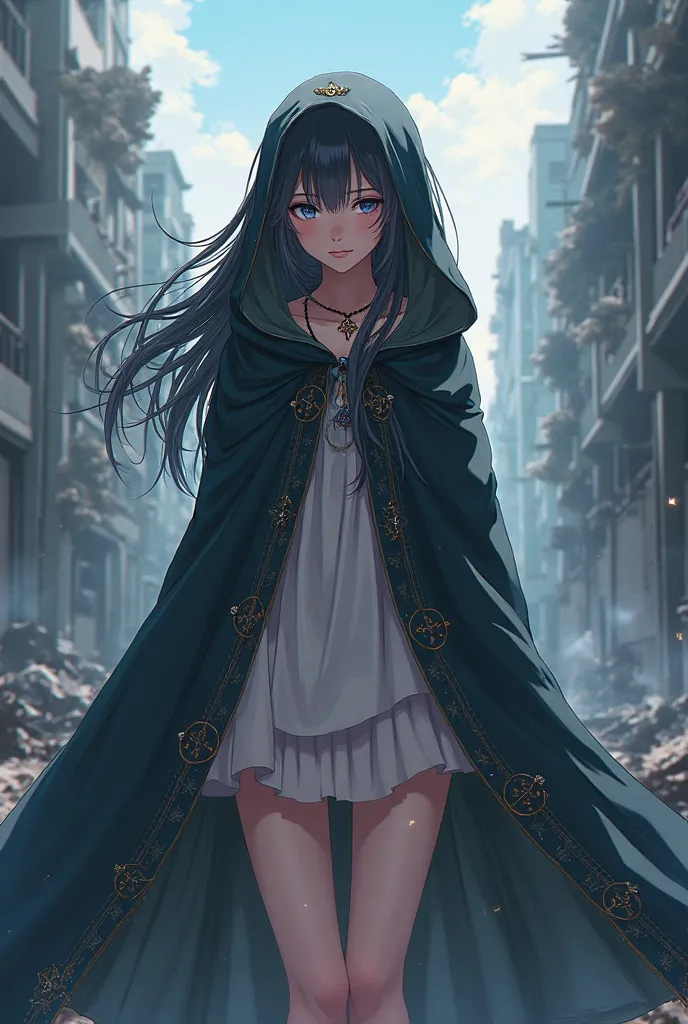  Anime girl, 20-23 years, wearing one cloak, There are no clothes under the cloak, and the cloak does not cover the body, against the background of the destroyed city