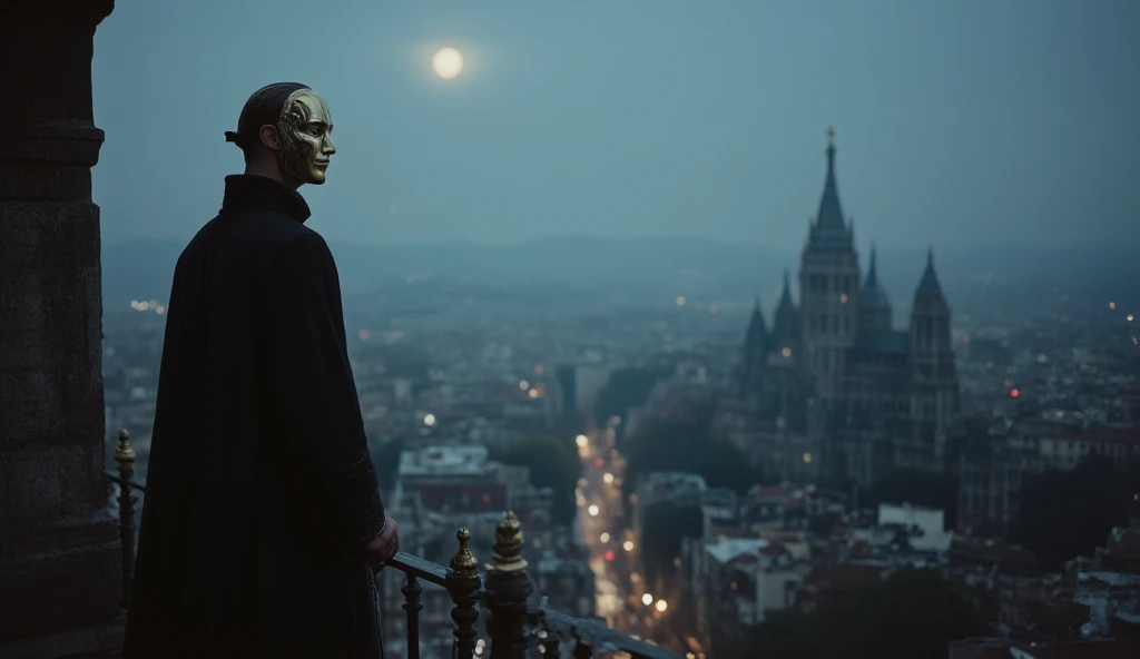 A masked man with a bronze mask and a flowing black cloak stands atop a hidden balcony of the Sagrada Familia, gazing over the sprawling city of 1920s Barcelona. The moonlight illuminates his figure, while deep shadows of the cathedral loom behind him. He ...