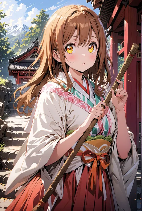 Hanamaru Kunikida,  long hair, bangs, brown hair, yellow eyes all the way to the tip, shrine maiden costume, white kimono , white socks,Sandals,Red Hakama,holding the broom grip with both hands,I'm cleaning the stairs with a broom,noon,full bodyがillustrati...