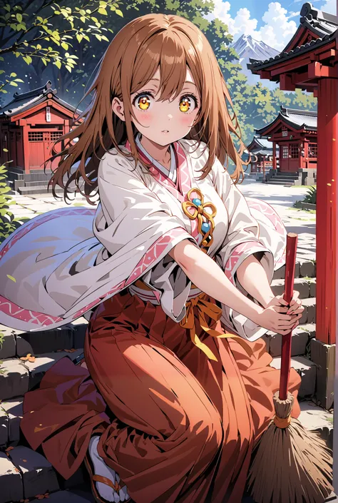 Hanamaru Kunikida,  long hair, bangs, brown hair, yellow eyes all the way to the tip, shrine maiden costume, white kimono , white socks,Sandals,Red Hakama,holding the broom grip with both hands,I'm cleaning the stairs with a broom,noon,full bodyがillustrati...