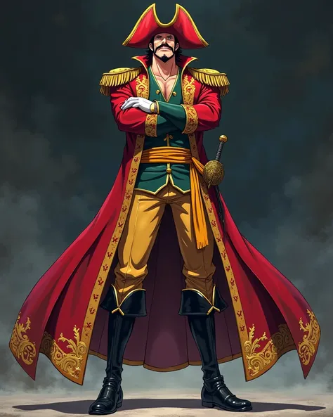 "A highly detailed anime-style full-body character design of Gol D. Roger, the Pirate King from One Piece, standing in a powerful and confident pose with his arms crossed or resting on his legendary sword. He wears his iconic deep red, long pirate captain ...