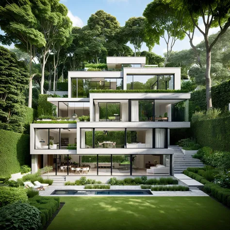 A highly detailed and realistic architectural rendering of a modern, multi-level house with a minimalist design. The structure features large glass windows, cantilevered sections, and clean geometric lines. The exterior is made of a combination of concrete...