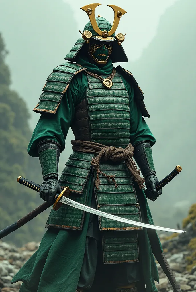 Masked Samurai, wearing green armor with three swords, one in the left hand and the other