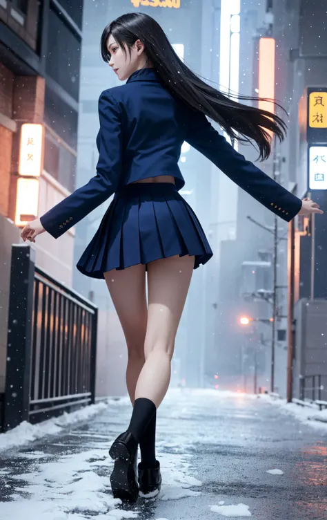 ( Premium , Table: 1.1), ( realistic: 1.3), (photo realistic: 1.3), Wallpaper,  rest  (((FF7,Tifa_Lockhart ))),(((knit ,very fluffy, long scarf))),(((Japanese jk uniform,navy blue blazer,School shirt ,Long sleeves,navy blue check pleated mini skirt, dark b...