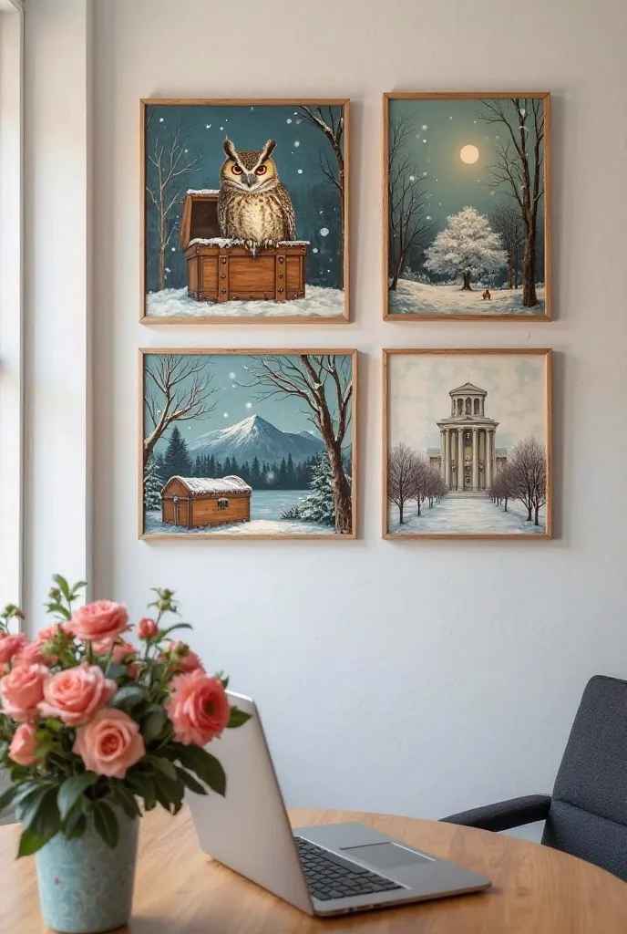 Three paintings hang on the wall of the house.  In the first painting, an owl sits in a treasure chest . 
 In the second painting,  winter , ren con ropa de  winter montan una gran bola de nieve en un claro del bosque, drawing and detail . 
  in the third ...