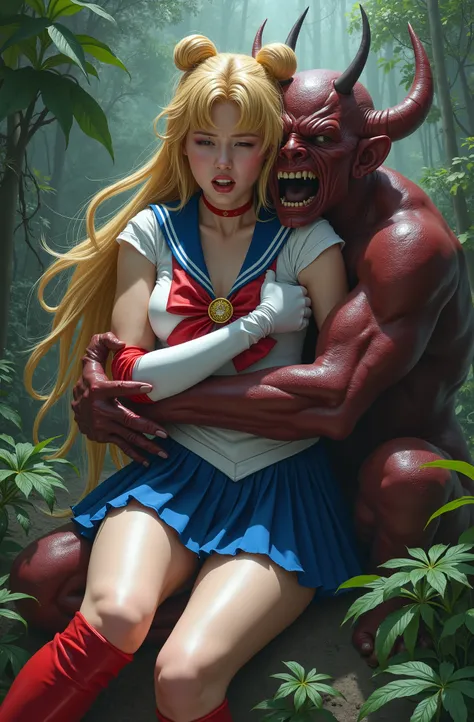 Hyperrealism, masterpiece, highest quality, A young Japanese woman is sitting on the devil lap, ((she is crying and screaming in pain)), painful face, she is wearing a Sailor Moon costume, Blue sailor collar, Blue mini pleated skirt, she is wearing pleated...