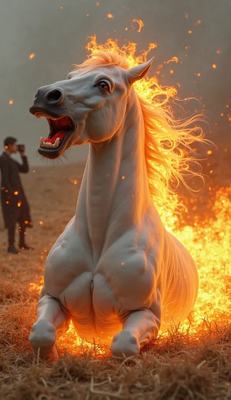 Ek white horse jiski body par fire lagi hai or horse pain se shouting kar raha around sukhi ghass hai image horse sit down on the ground behind ek man jo phone par ghabra kar bat kar raha hai