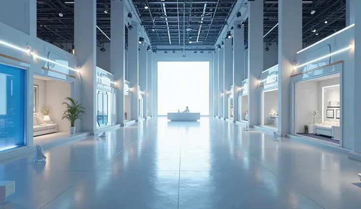 Exhibition site, spacious exhibition hall, exquisite booth, no products, bright lights, no people, empty exhibition hall, gray and white atmosphere, high-end lighting, blue lighting, white lighting