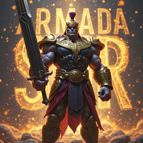 Image 3D ultra détaillée, arrière plan cartoon remplit de courbes lumineuses dorée et noir, un guerrier spartiate européen réaliste, armure de Thanos, énormé épée, menaçant. Écrit « ARMADA-SIR » en grosses lettres lisible derrière lui