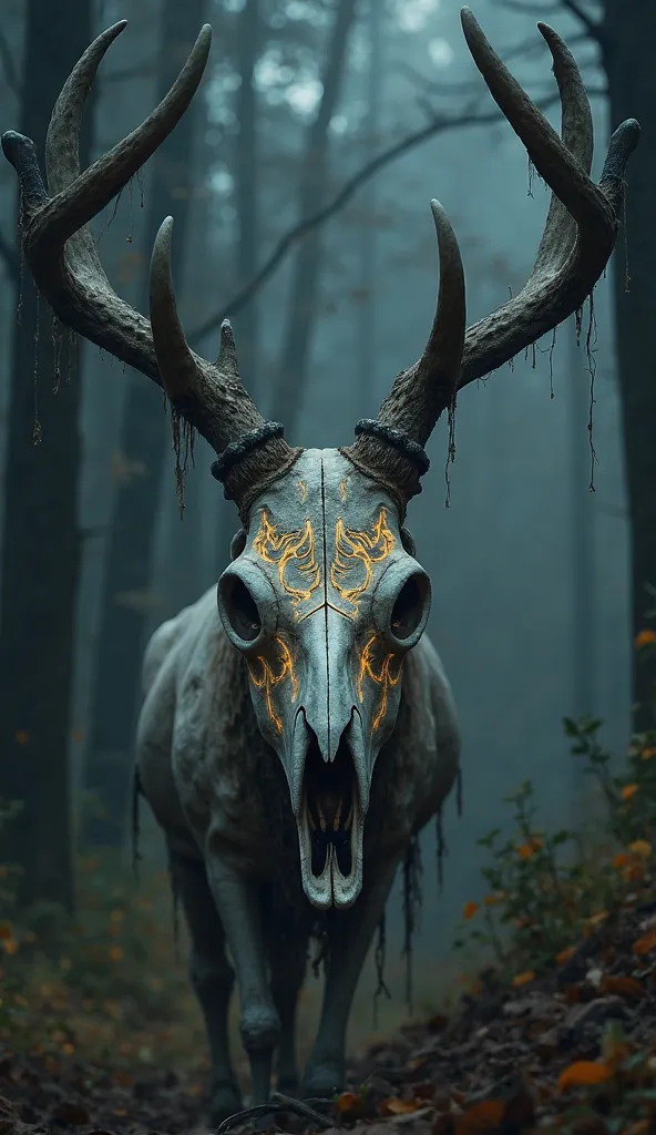 Depict the Deer Skull of legend as a twisted, ancient relic with a grotesque, yet mesmerizing appearance. The skull itself is a bleached, ghostly white, with eyes that glow like embers from the underworld, casting an eerie, otherworldly light on the surrou...