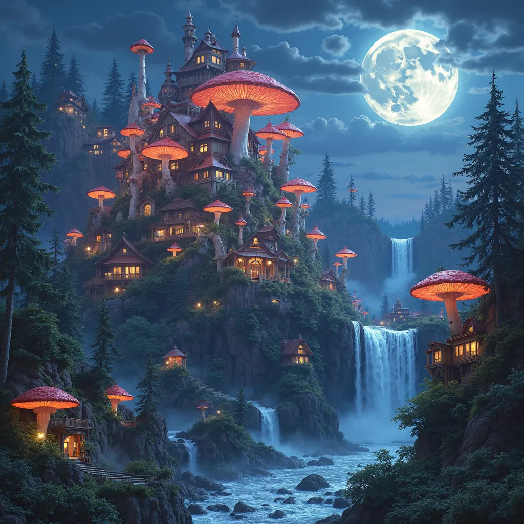 Huge Mushroom Village, houses, at Night, moon, Large waterfall, magnificent, celestial, ethereal, painterly, epic, majestic, magical, fantasy art, cover art, dreamy, insanely detailed and intricate, hyper maximalist, elegant, hyper realistic, super detaile...