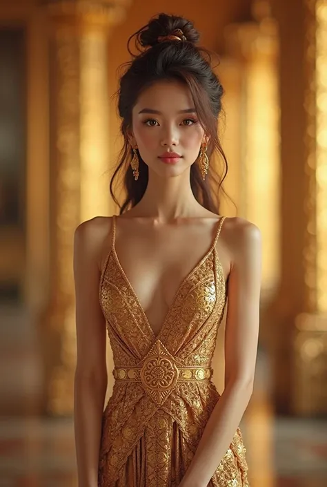 Create a picture of a beautiful Thai girl, a sexy doll wearing Thai dress, big breasts, big breasts, tight breasts in a golden palace, standing in a pose like a beautiful lady, looking at the camera similar to the real thing.