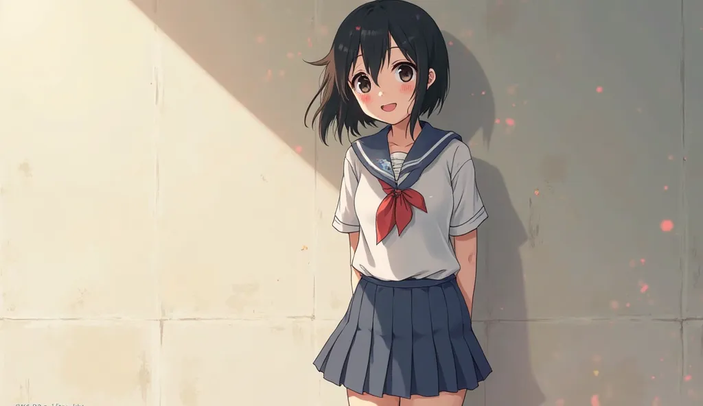 Illustration in anime style. Photo of an 18-year-old girl wearing high school clothes, smiling brightly, eyes sparkling, hands between her legs. black hair, black eyes, white skin, standing against the wall