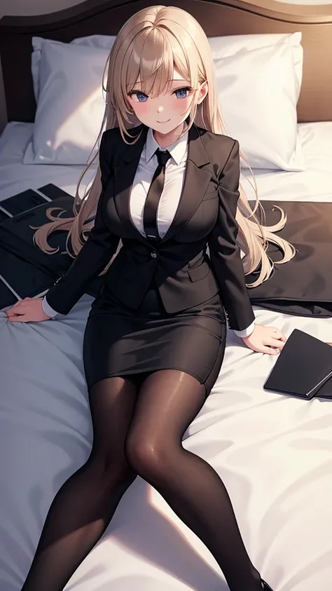 sexy older sister in a black business suit wearing a black tie　　 　　I'm wearing a black tie　black pencil skirt　Brown tights　A radiant smile　 High Resolution　 High Resolution　 sleeping on the bed