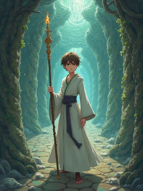 1 man、shortcut, brown hair,  bangs between your eyes, droopy eyes, green eye, smile,  anime,  anime風, Long magic wand,uniform, white robe,Overlooking, Inside the labyrinth