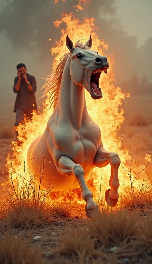 Ek white horse jiski body par fire lagi hai or horse pain se shouting kar raha around sukhi ghass hai image horse sit down on the ground behind ek man jo phone par ghabra kar bat kar raha hai