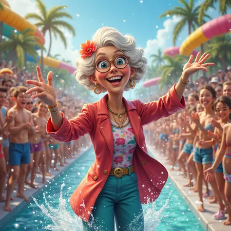 Grandma is the queen of the party at the water park. the crowd applauds her.