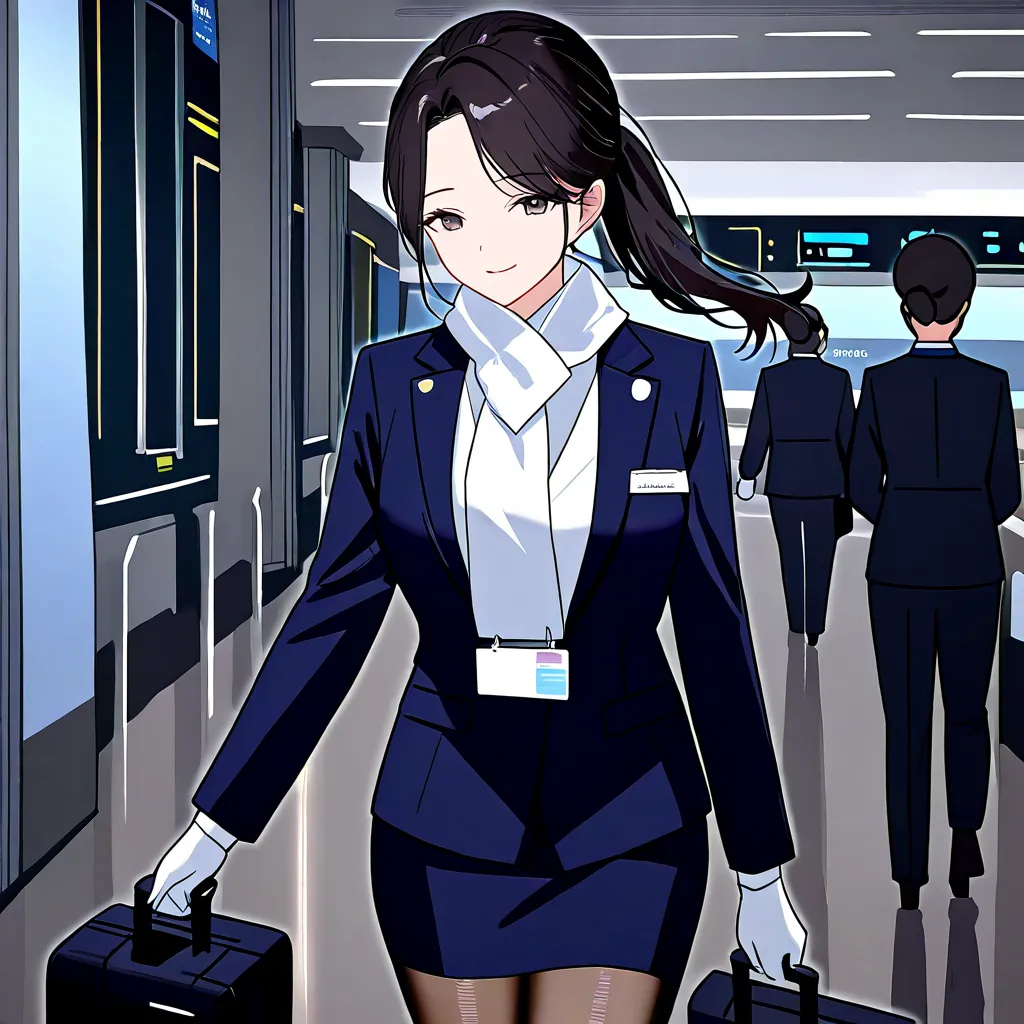 korean, woman, age 26, beautiful, F-cup, big ass, little smile, black ponytail hair, navy Tailored Jacket, (flight attendant:1.3), white see-through neck scarf, black translucent stockings, walking in airplane