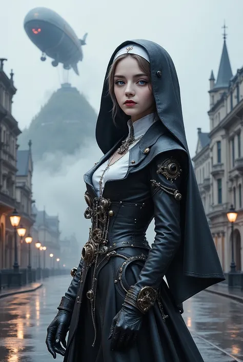 Beautiful and charming steampunk prostitute nun standing in a wet and foggy steampunk city (London , 1890) A hill behind a , airship, A beautiful and charming steampunk woman standing in front of a