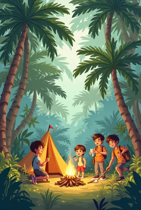 3 boys and 1 girl camp in the palm oil trees garden