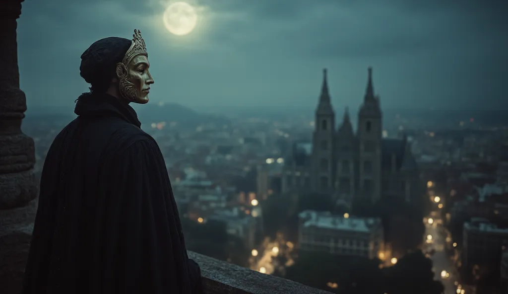 A masked man with a bronze mask and a flowing black cloak stands atop a hidden balcony of the Sagrada Familia, gazing over the sprawling city of 1920s Barcelona. The moonlight illuminates his figure, while deep shadows of the cathedral loom behind him. He ...