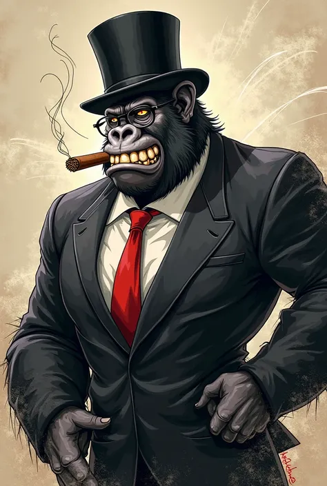 I want a gorilla in a top hat, glasses, cigar in his mouth, teeth showing, suit, red tie, dynamic and moving background, looks like a sketch