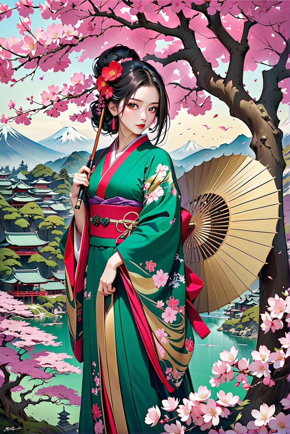 Oil painting style, fashionable female zombie, ninja, emerald gold, kimono pink and cherry blossom design, painting, red cherry blossom tree, cool, historical, brave, magnificent, wonderful, art that gives a sense of Japanese history (masterpiece, high qua...