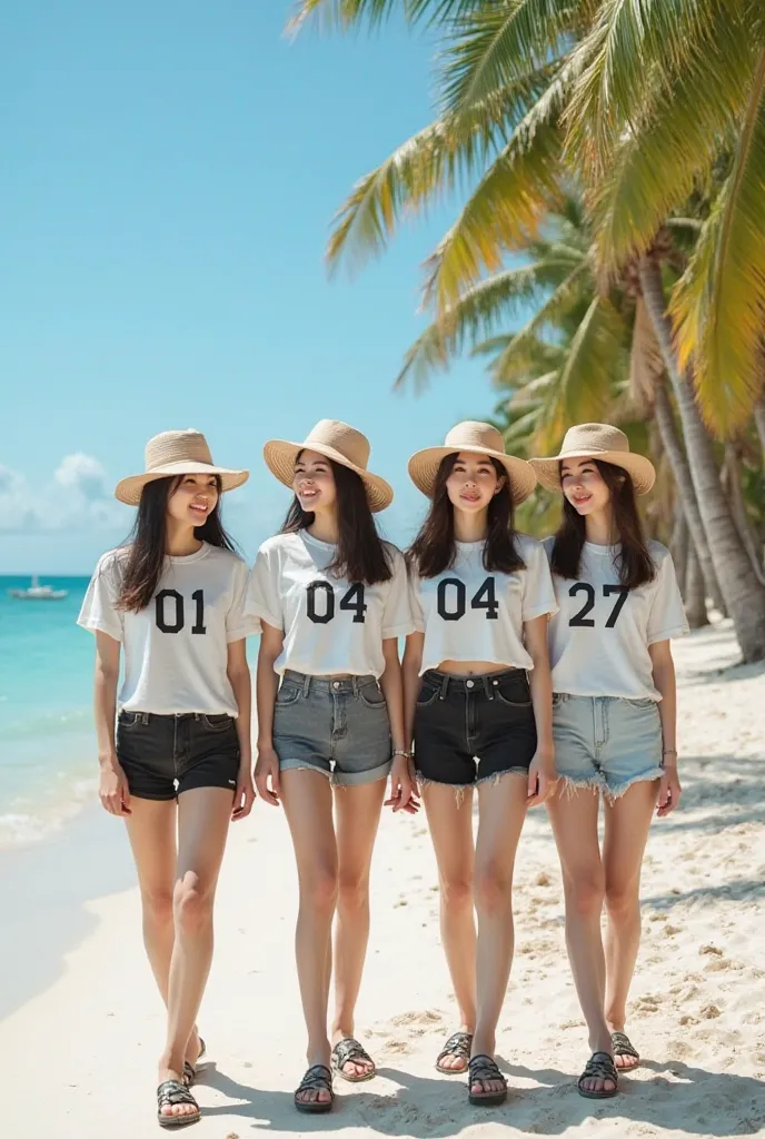 Show 4 beautiful Korean girls with white face Red blush natural with smiling face with green straight bottle hair wearing plain color t-shirt with big letters 01 04 27 on the shirt each wearing a beach hat unique sandals wearing black brown gray shorts wal...