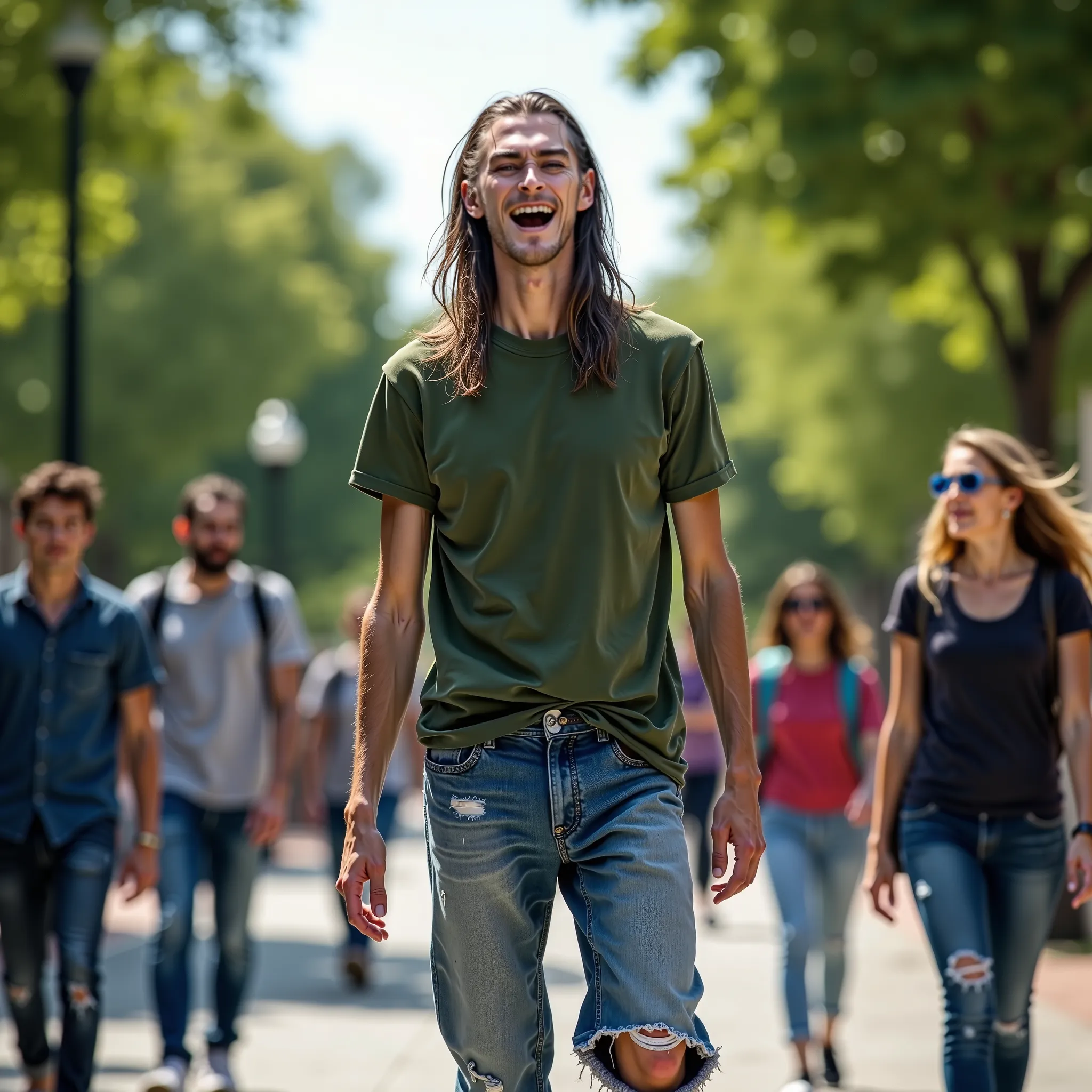 (best quality,4k,8k,highres,masterpiece:1.2),ultra-detailed, 1man, Norse god Loki as a college student,, 7' Tall, very thin, very pale skin, ash grey hair, long gaunt face, gleeful eyes, laughing gleefully, dressed like a slacker, tattered jeans, baggy t-s...