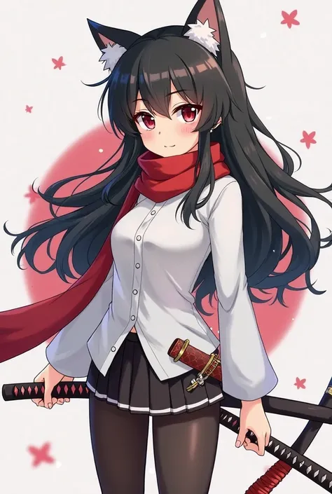  an anime girl , lazy face , long fluffy black hair with several white curls, has small cat ears, red-eye, Caucasian, wearing a white shirt,  wearing , wearing thin black tights, with a rose-red scarf, left hip wearing a red katana and a white katana,  sta...