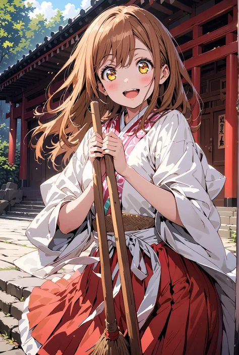 Hanamaru Kunikida,  long hair, bangs, brown hair, yellow eyes all the way to the tip,smile,blush,opens her mouth, shrine maiden costume, white kimono , white socks,Sandals,Red Hakama,holding the broom grip with both hands,I'm cleaning the stairs with a bro...