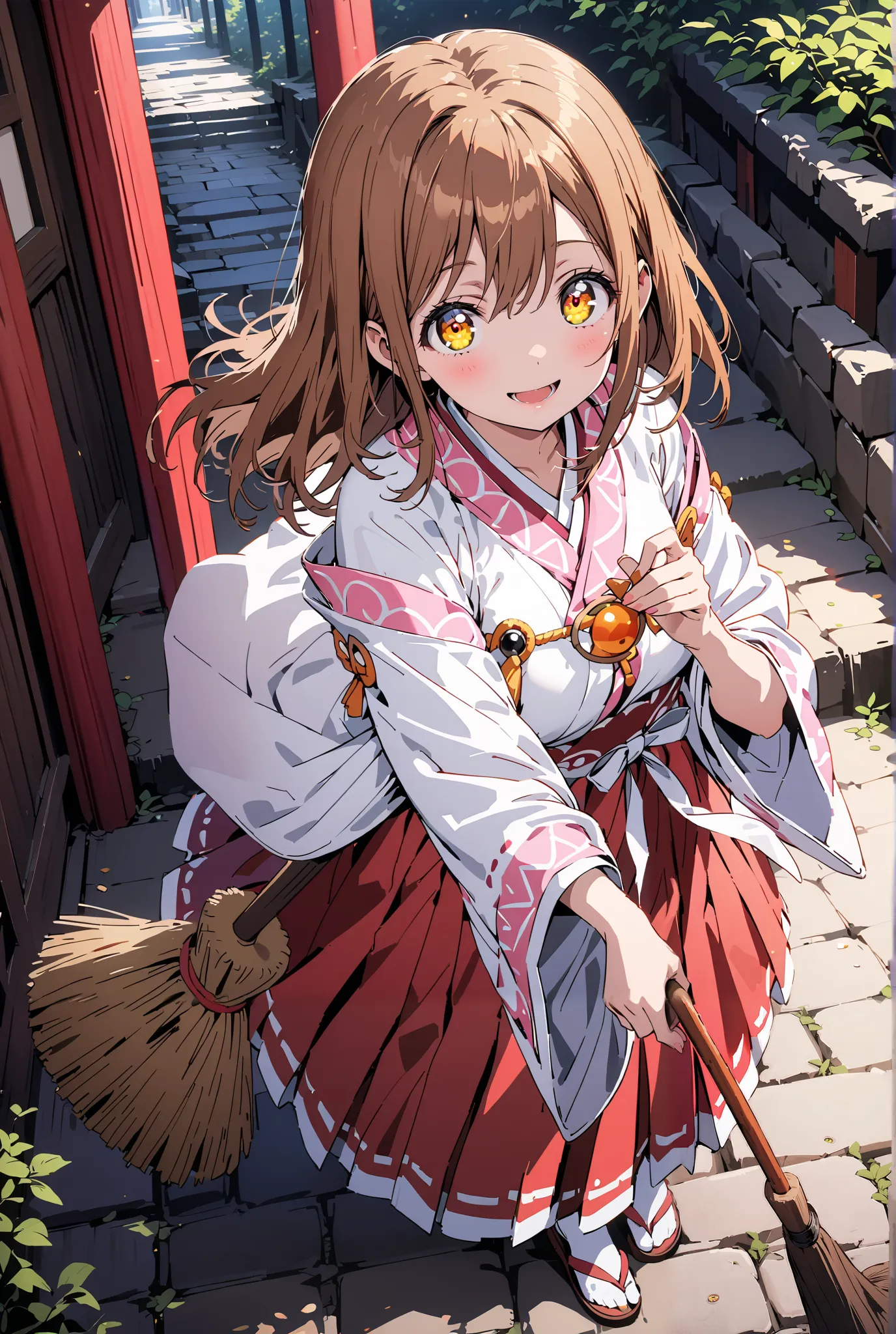 Hanamaru Kunikida,  long hair, bangs, brown hair, yellow eyes all the way to the tip,smile,blush,opens her mouth, shrine maiden costume, white kimono , white socks,Sandals,Red Hakama,holding the broom grip with both hands,I'm cleaning the stairs with a bro...