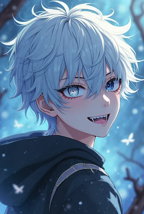 Anime boy with white hair with light blue tufts and one eye black and white and the other inverted with fangs 