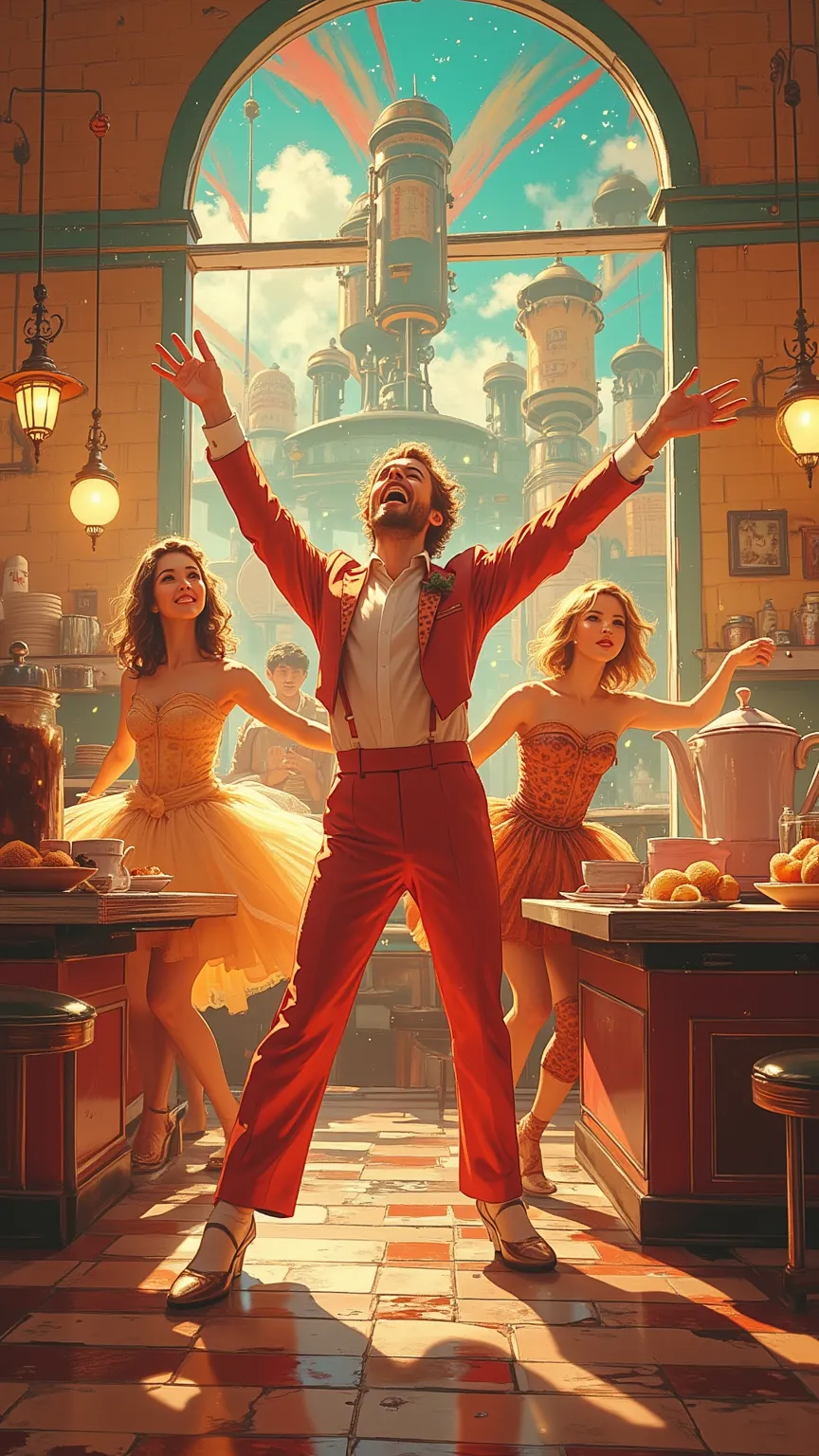 **AI Prompt:**  
"Visualize a sunlit, retro diner where dancers embody a bustling American breakfast through enchanted choreography. A **pancake ballerina** in a golden-brown tutu leaps atop a griddle-stage, her pointe shoes leaving buttery swirls that ris...