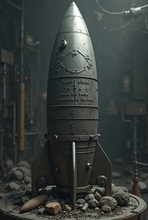 It is 1970. An Israeli nuclear warhead is prepared. It is stamped with the words “NEVER AGAIN” in English and Hebrew, followed by “DEATH IS A BETTER ALTERNATIVE TO THE ARAB” in English and Hebrew. 