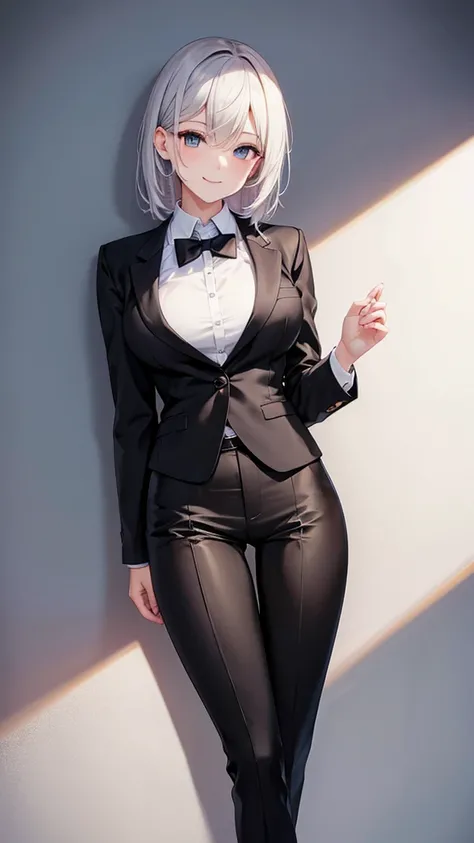 sexy older sister wearing white cutter shirt　　 　　I'm wearing a black tie　black suit pants　A radiant smile　 High Resolution　 high image quality